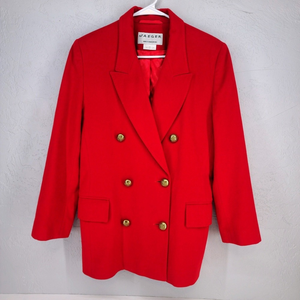 Jaeger Red Double Breasted Wool Blazer Gold Buttons Vintage Womens Size 6